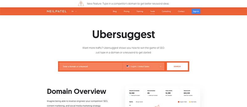 一頁式網頁的關鍵字規劃工具：Ubersuggest