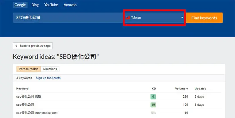 「 SEO 優化公司 」的 Ahrefs 關鍵字搜尋結果。
